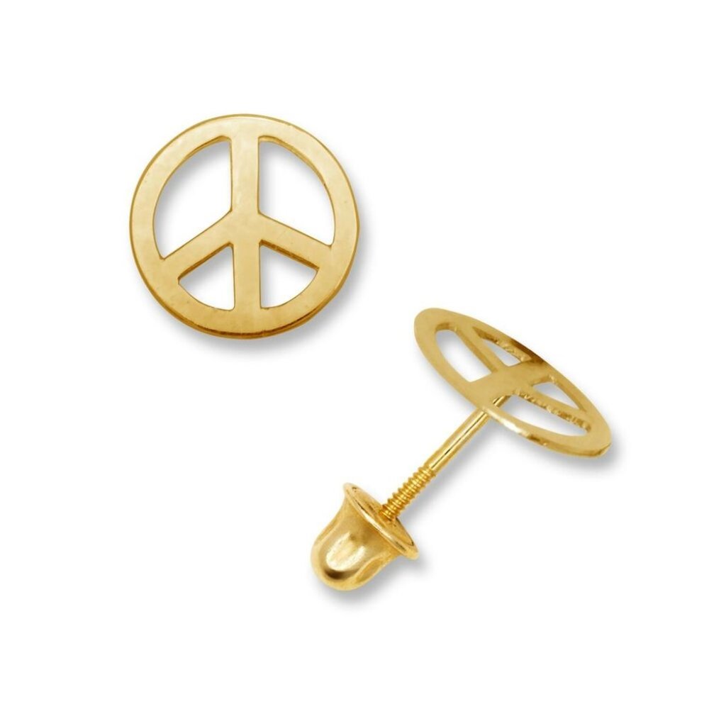 14K Solid Yellow or White Gold 7mm PEACE Sign Circle Screw Back Earrings 7mm